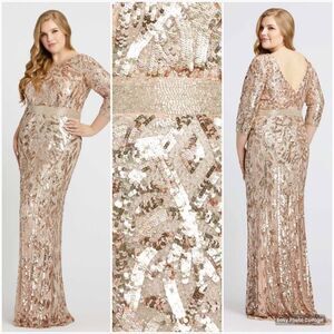 Mac Duggal Womens Plus Size Beaded Sequin 3/4 Sleeve Gown Rose Gold 4857